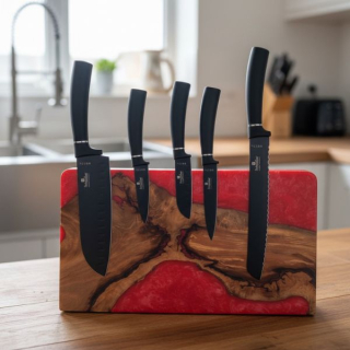 Luxusní držák na nože z masivu a červené pryskyřice