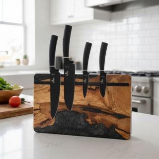 Luxusní držák na nože z masivu a černé pryskyřice